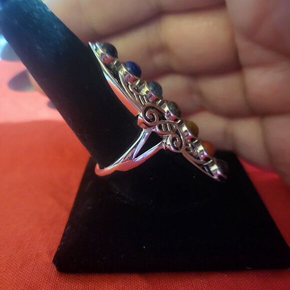 Multi Gemstone Seven Chakra Elongated Silver Ring - Picture 5 of 7